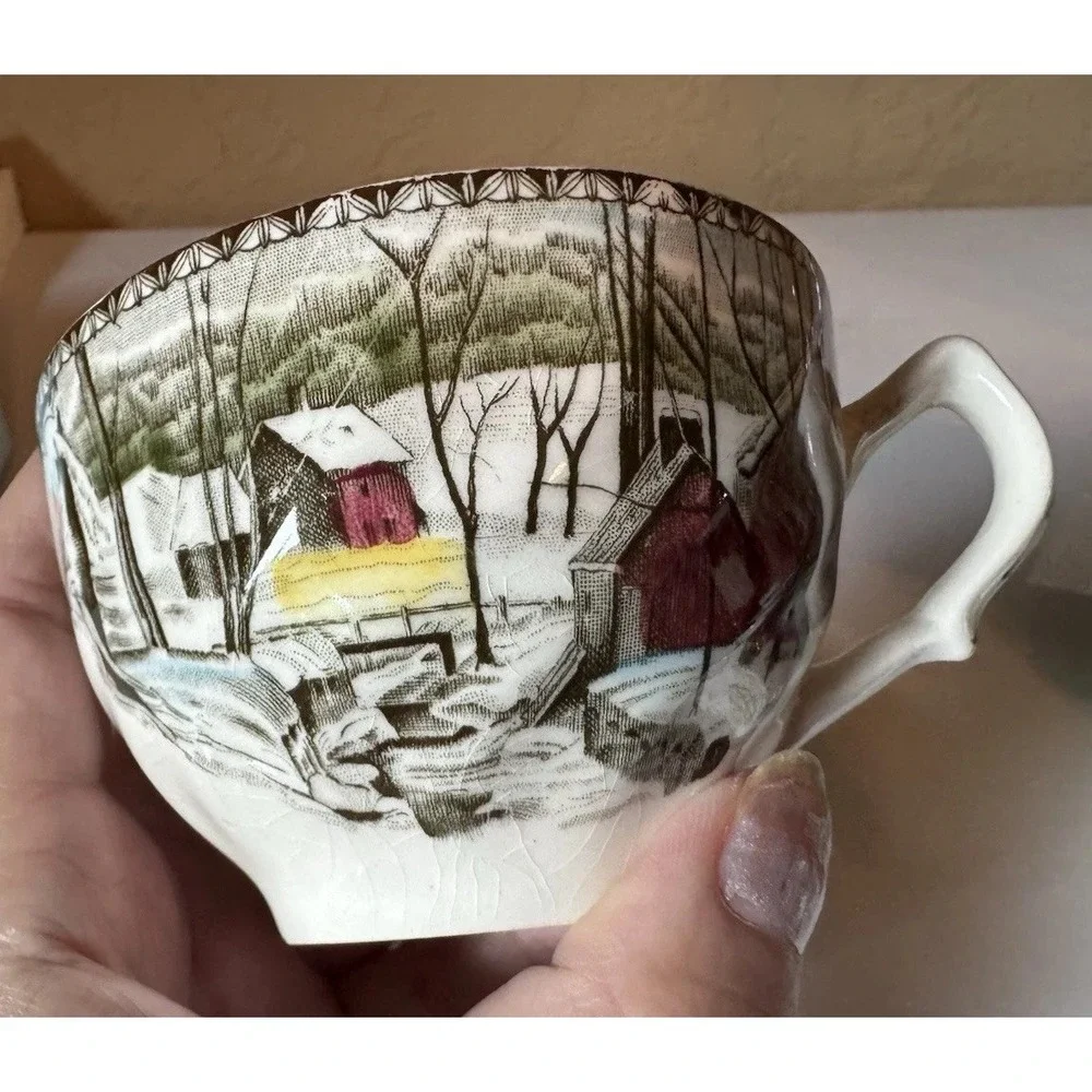 Vintage Set of 2 Johnson Bros Friendly Village Teacup Saucer Ice House England